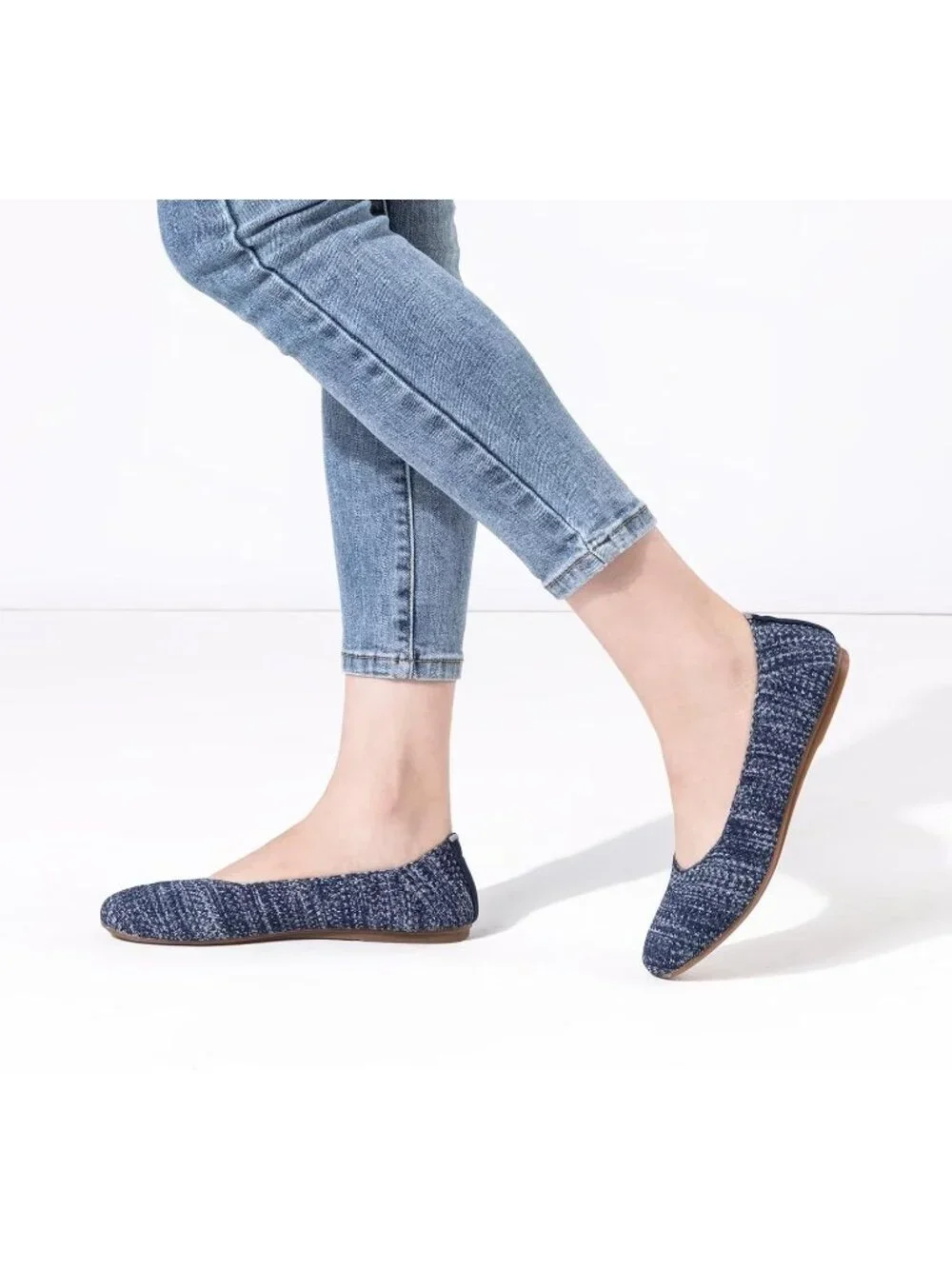 Women's Blue Print Round Toe Low Wedge Slip On Soft Ballerina Ballet Flat Shoes